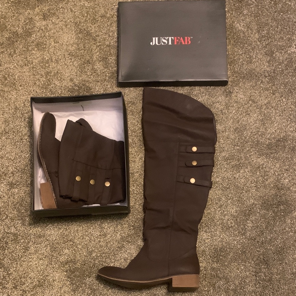 JustFab Chocolate Knee-High Boots with Gold Accents